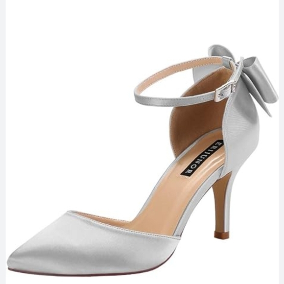 Silver Satin Stiletto Heels with Ankle Strap and Bow NWOB Size9 - Picture 1 of 7